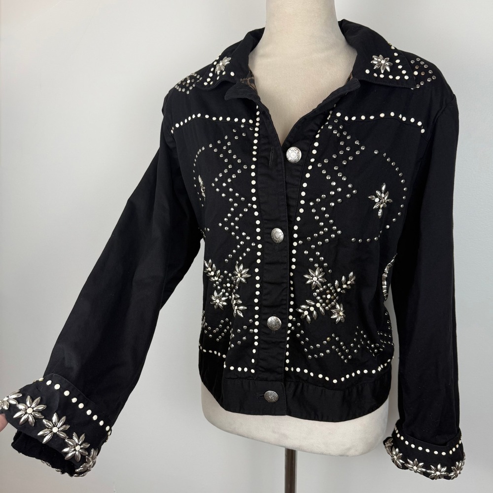 Vintage Anage Black Cotton Studded Rhinestone Leopard Lined Jacket Womens XL